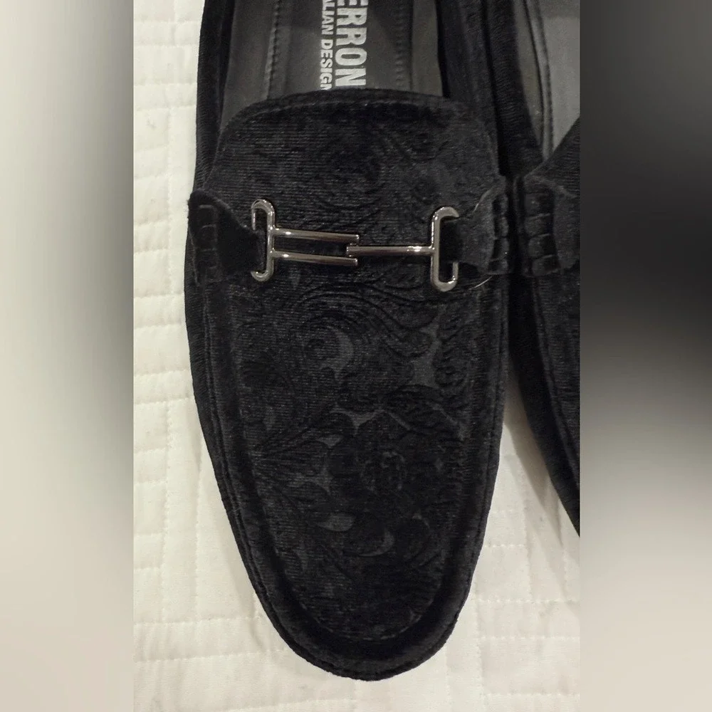 Terroni Italian‎ Design Mens Black Velvet Paisley Bit Loafers Driving Mocs LA220